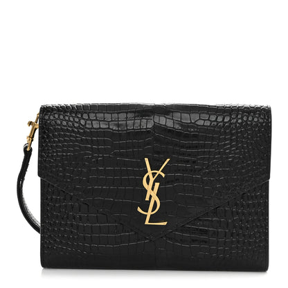 Saint Laurent Calfskin Crocodile Embossed Monogram Cassandre Flap Pouch Black 1 of 11