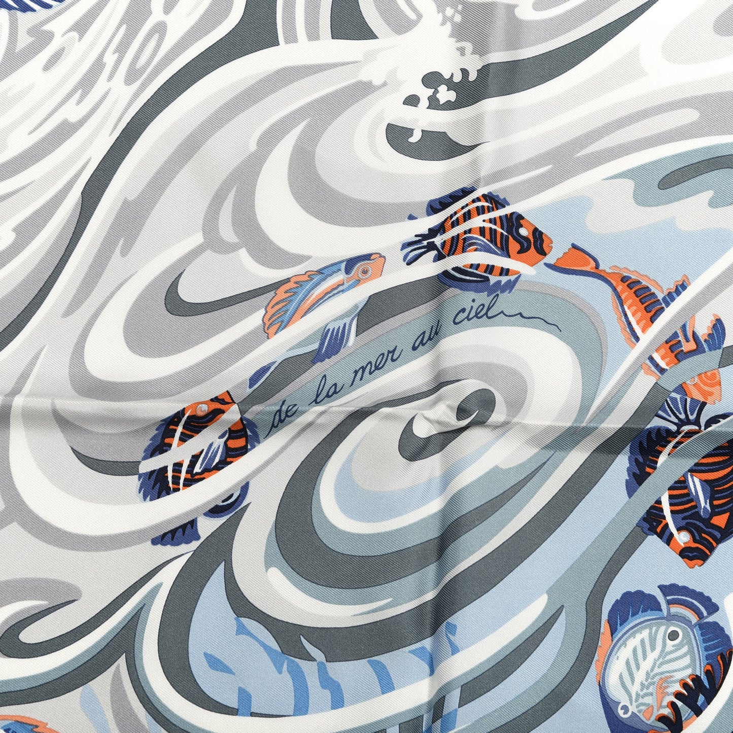 Silk De la Mer Au Ciel Scarf 90 Blue Jean Ceil Corail