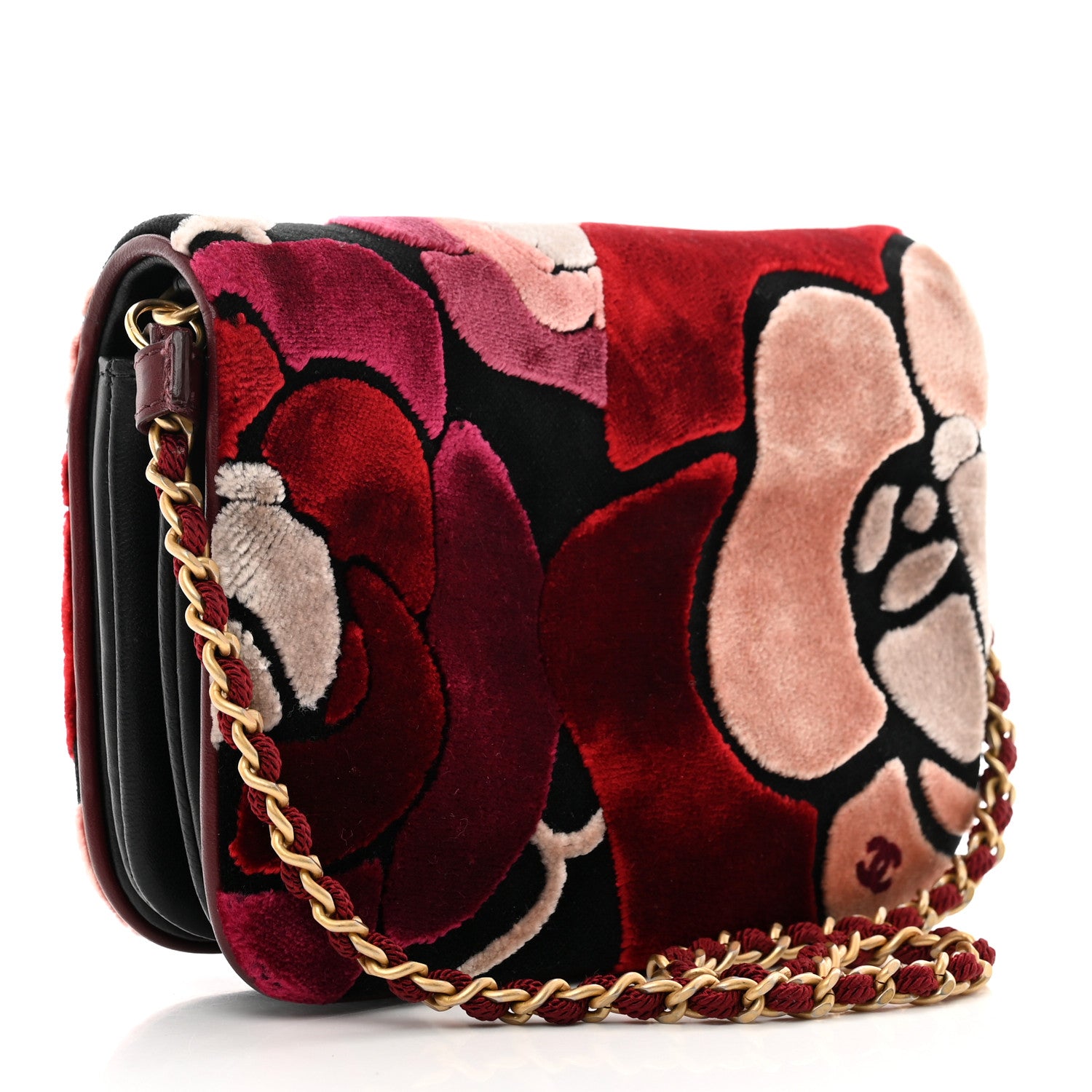 Chanel Velvet Lambskin Mini Camellia Flap Black Burgundy 3 of 12