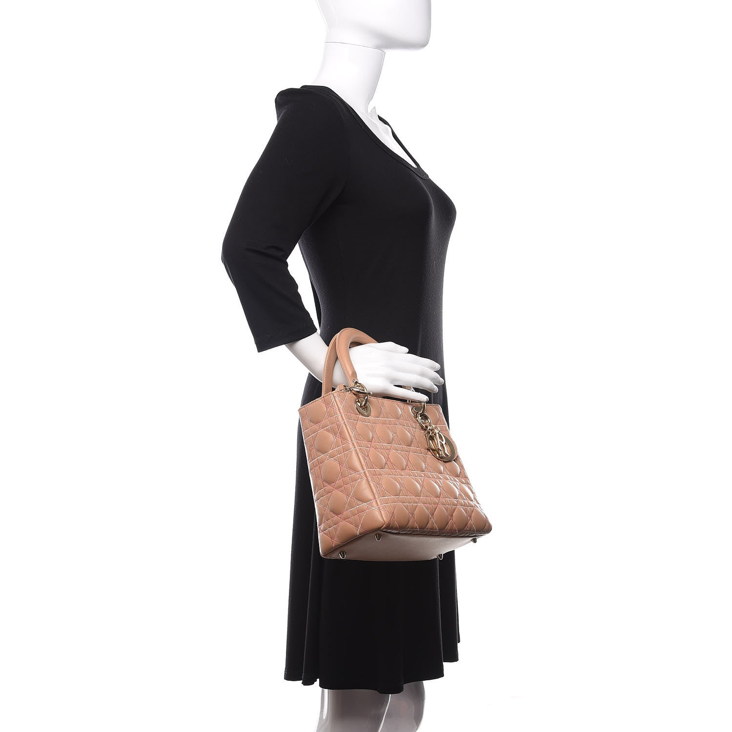 Christian Dior Lambskin Cannage Contrast Stitch Medium Lady Dior Beige 2 of 17