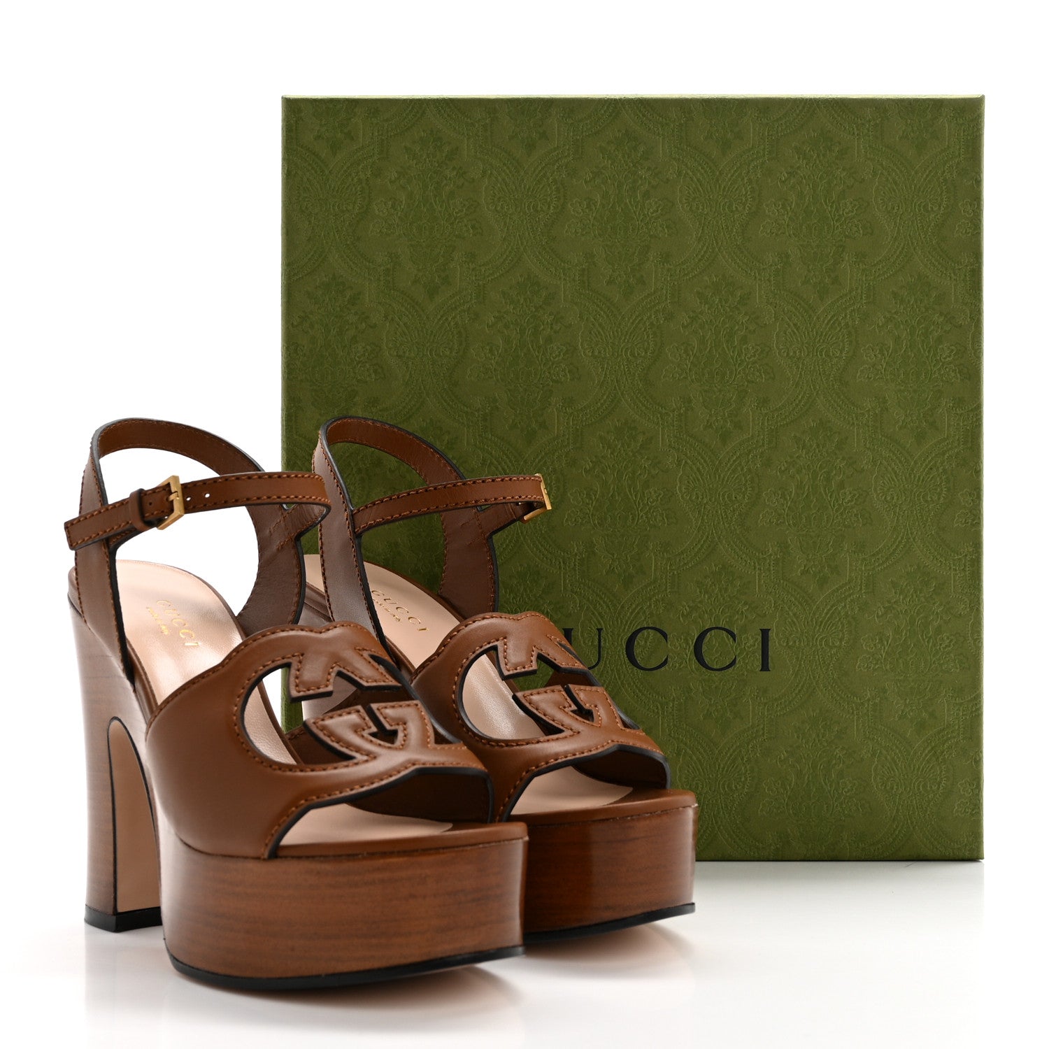 Gucci Cosmos Softy Calfskin Wooden Interlocking G Cut-Out 30/120mm Platform Sandals 35.5 Cuir 8 of 8