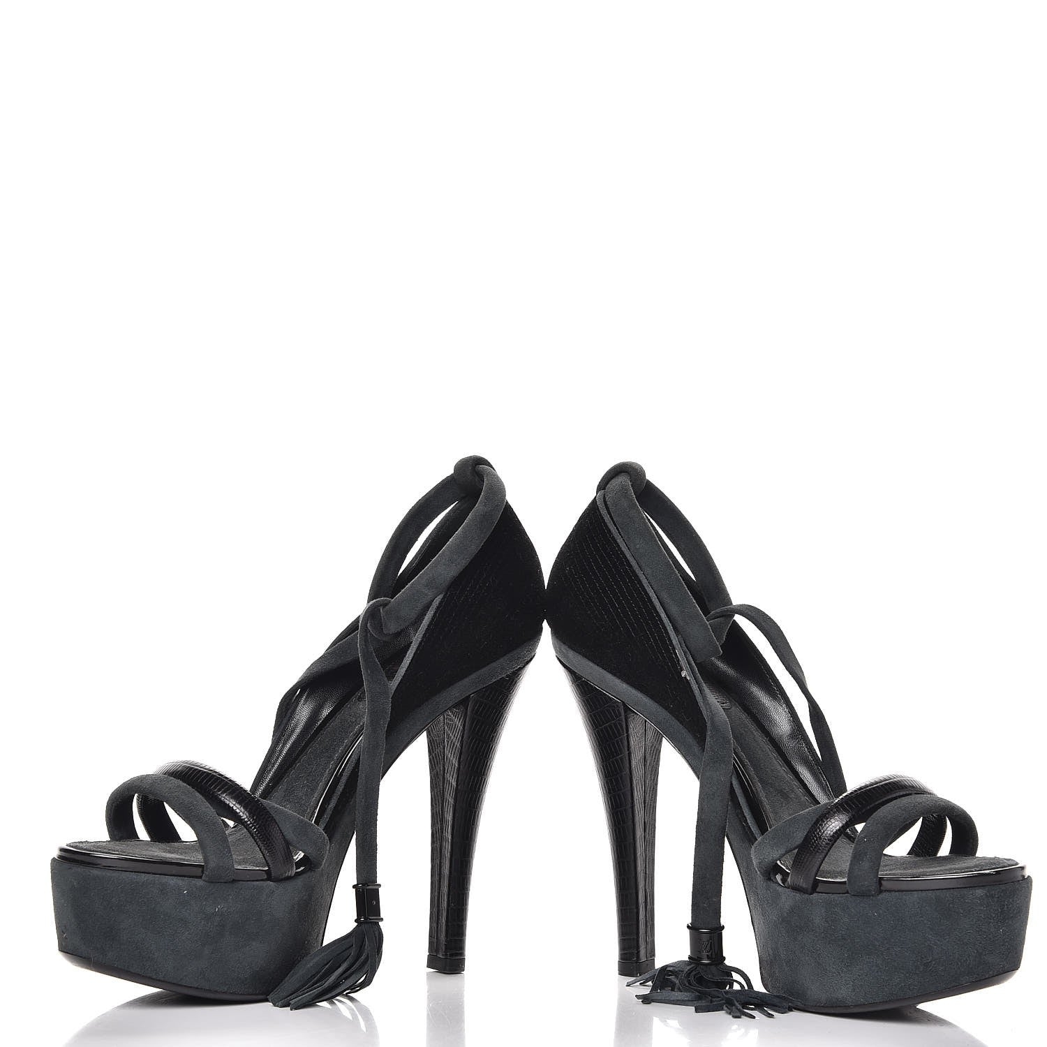 Louis Vuitton Suede Lizard Platform Ankle Wrap Sandals 39 Black 5 of 11