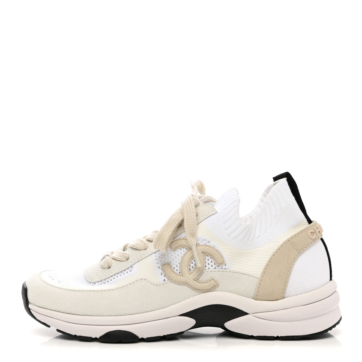 Chanel Mesh Suede Fabric Womens CC Sneakers 38 White Ivory Light Beige 1 of 7