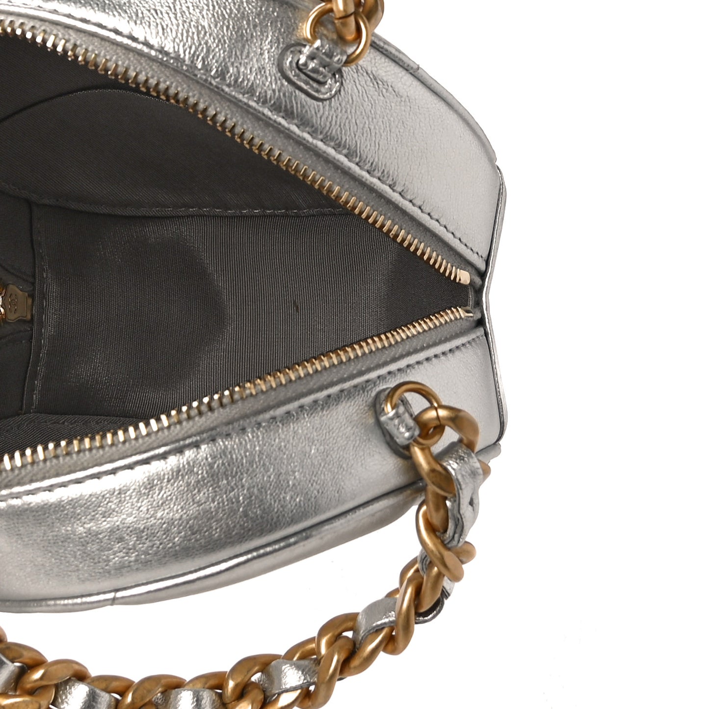 Metallic Lambskin Quilted Chanel 19 Round Clutch With Chain Silver