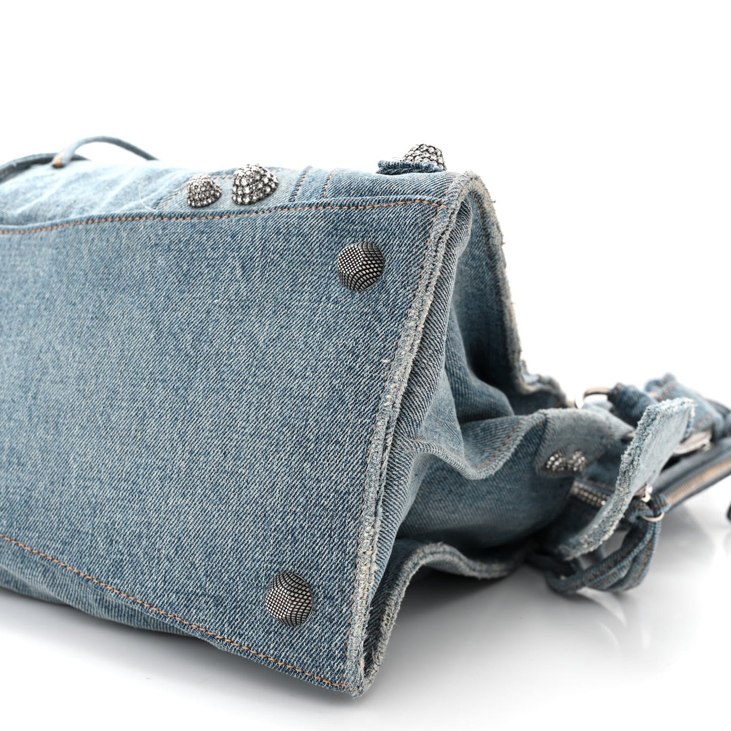 Washed Frayed Denim Crystal Neo Cagole City Handbag Blue