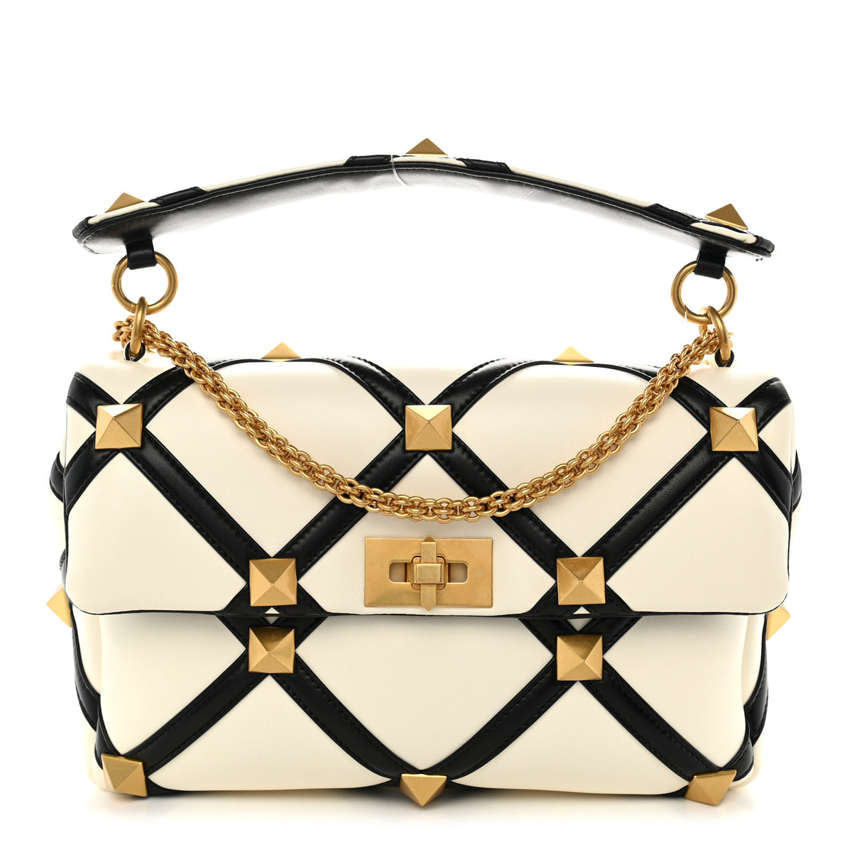 Valentino Garavani Nappa Large Roman Stud Shoulder Bag Black Ivory 1 of 9