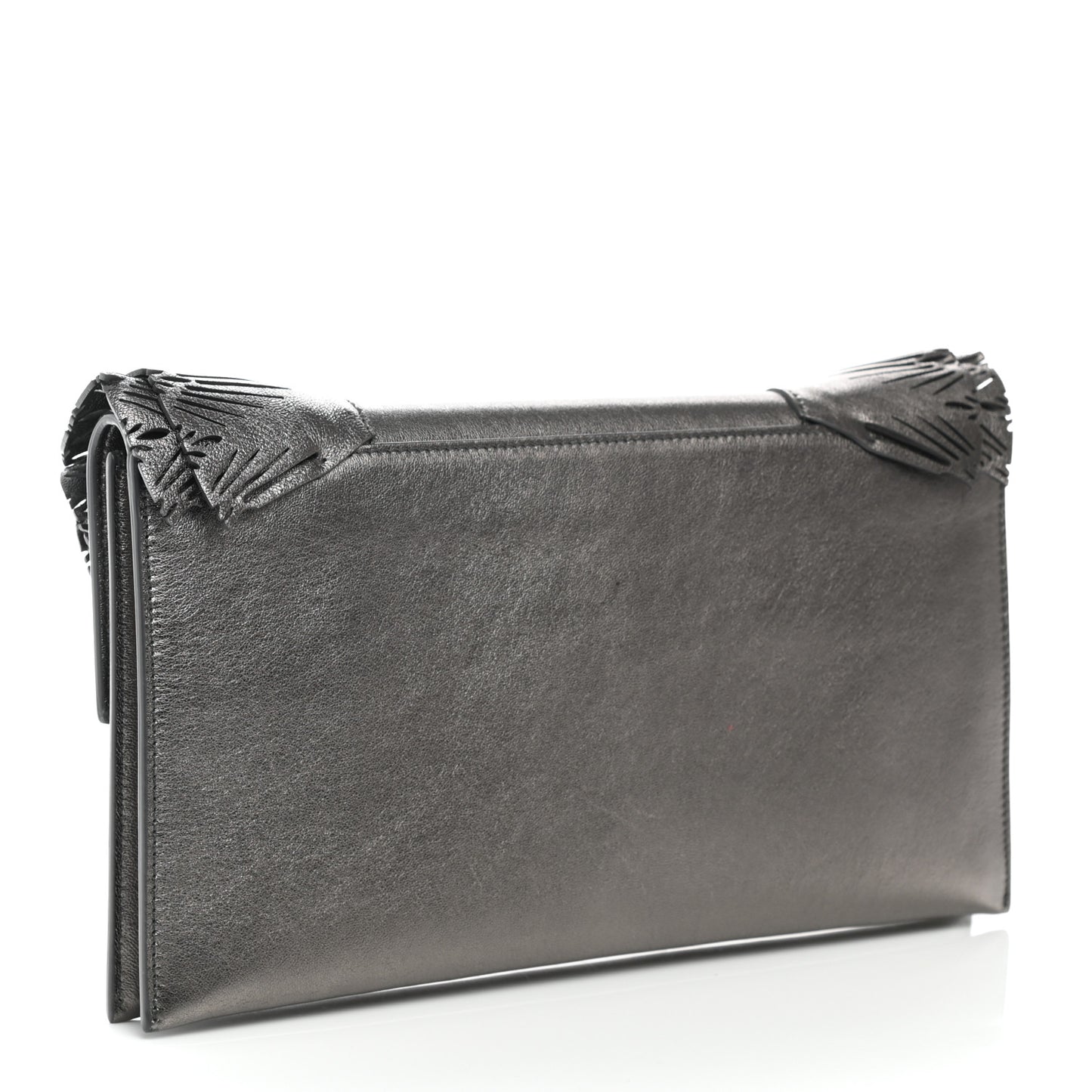 Metallic Calfskin Laser Cut Ruffled Isabella Clutch Gray