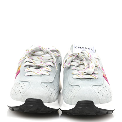 Chanel Fabric Suede Kidskin CC Sneakers 40 Light Turquoise Fuchsia Yellow 3 of 9