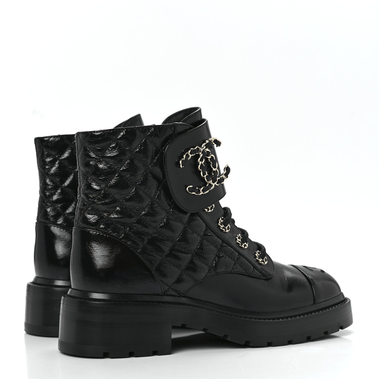 Shiny Goatskin Calfskin Quilted Lace Up Combat Boots 37 Black