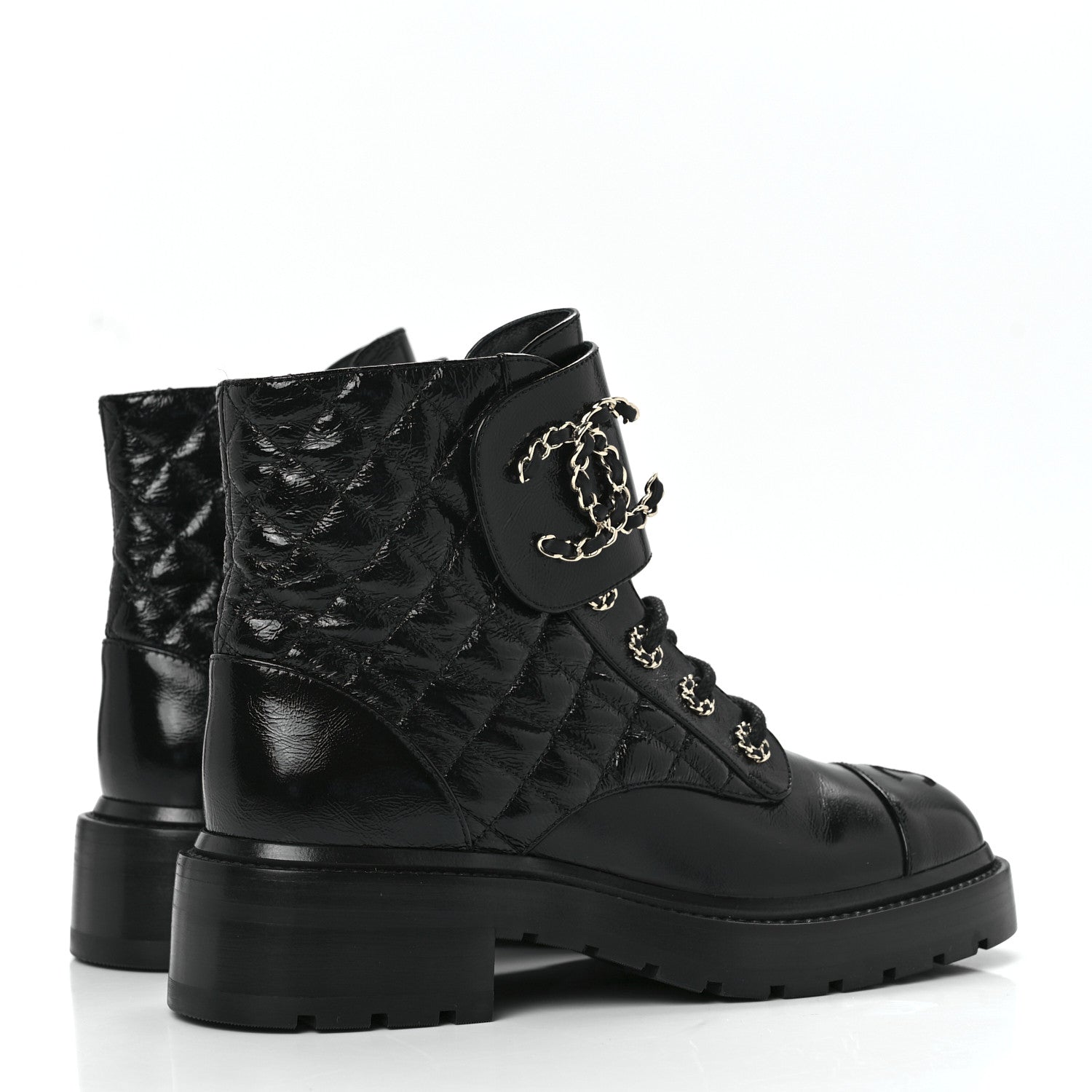 Chanel Shiny Goatskin Calfskin Quilted Lace Up Combat Boots 37 Black 4 of 8