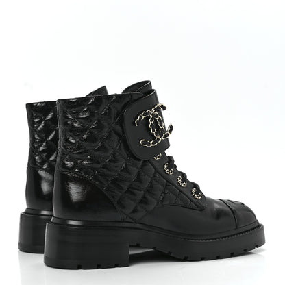 Chanel Shiny Goatskin Calfskin Quilted Lace Up Combat Boots 37 Black 4 of 8