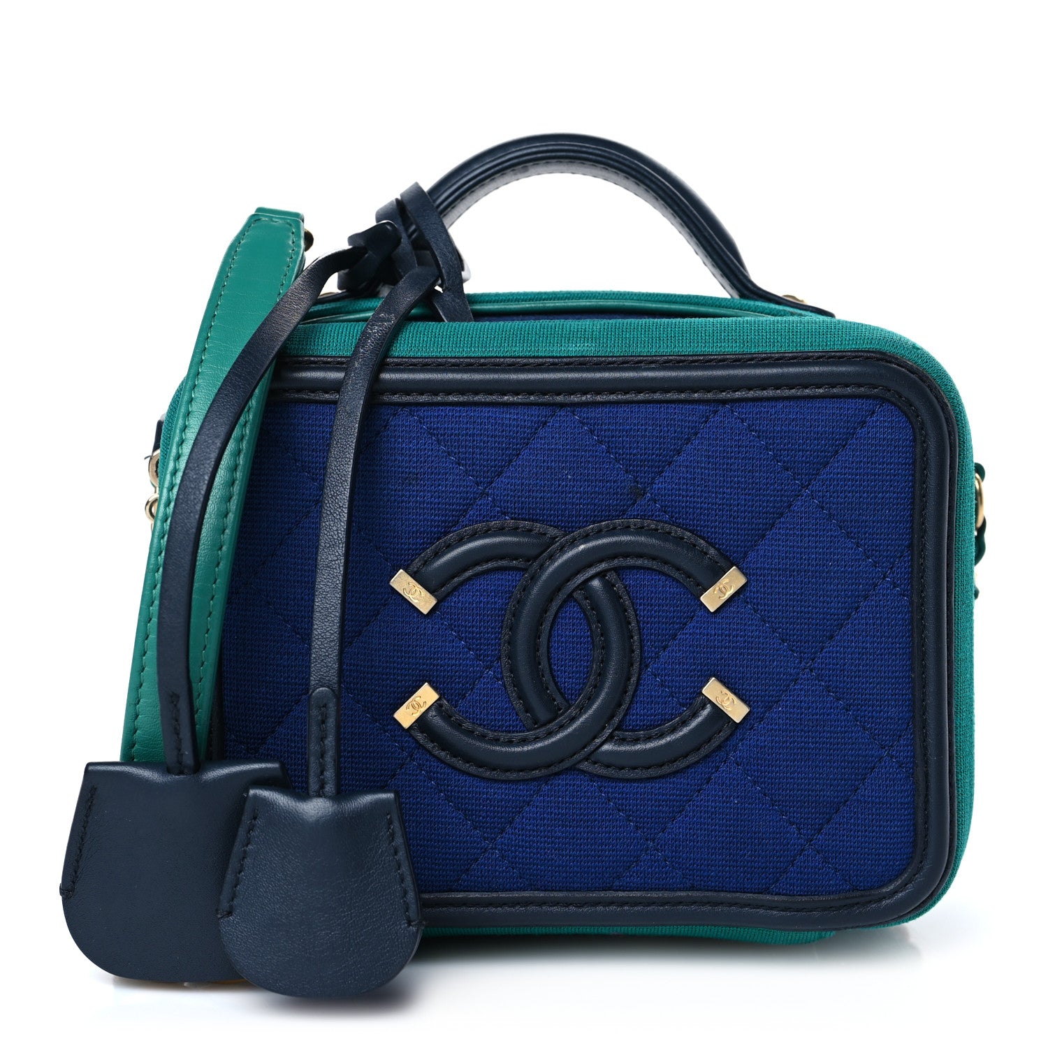 Chanel Jersey Quilted Small CC Filigree Vanity Case Blue Green 1 of 12