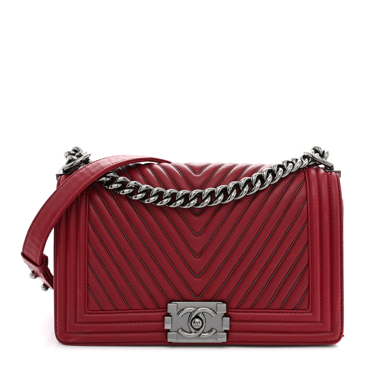 Calfskin Embroidered Chevron Medium Boy Flap Dark Red