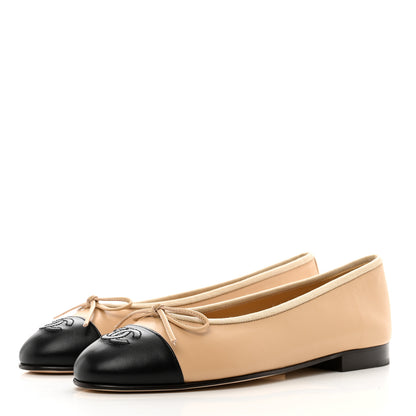 Chanel Lambskin Cap Toe CC Ballerina Flats 37.5 Beige Black 3 of 9