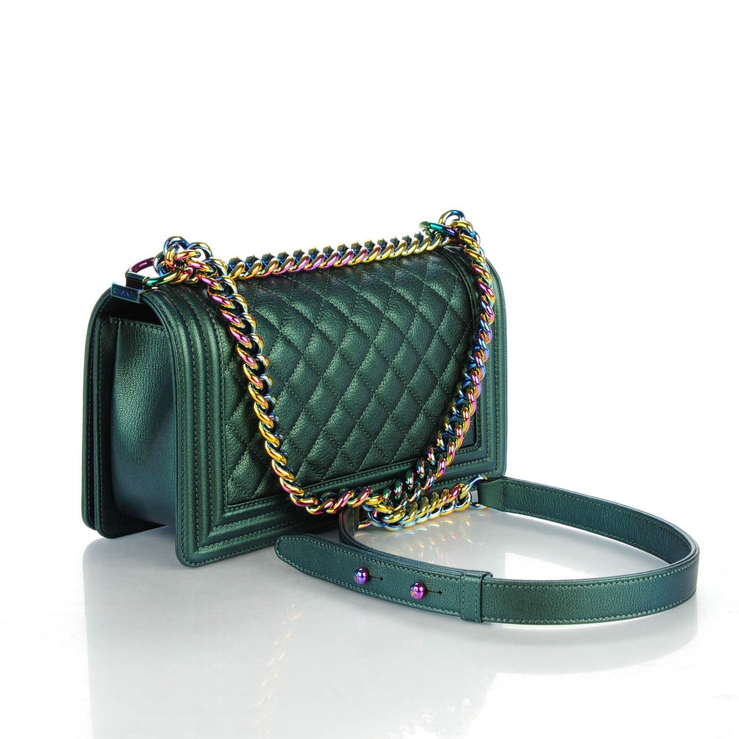 Iridescent Goatskin Quilted Medium Boy Flap Green