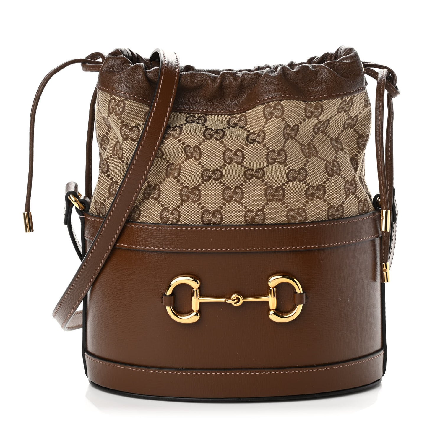 Monogram Textured Calfskin Horsebit 1955 Drawstring Bucket Bag Beige Brown Sugar