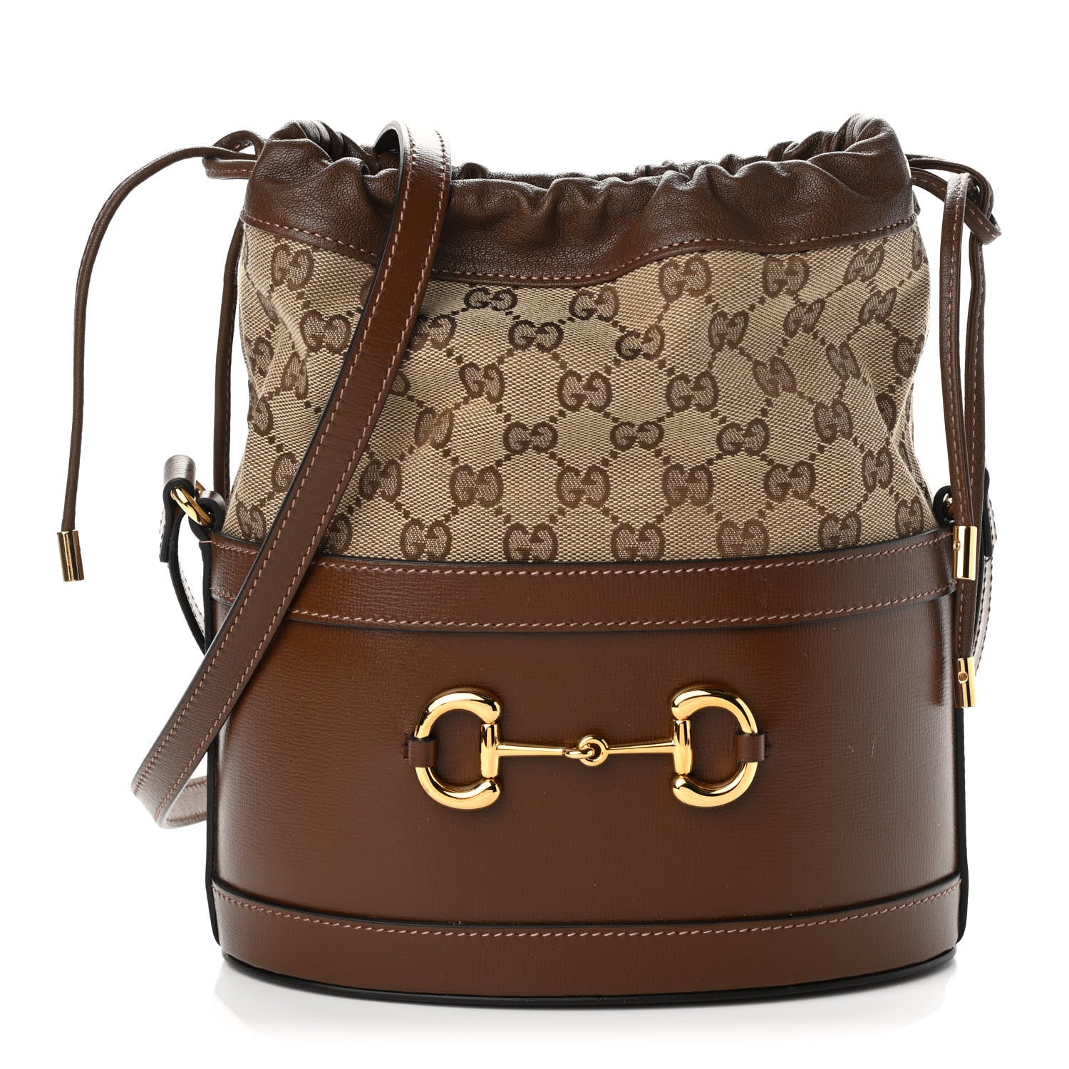 Gucci Monogram Textured Calfskin Horsebit 1955 Drawstring Bucket Bag Beige Brown Sugar 1 of 12