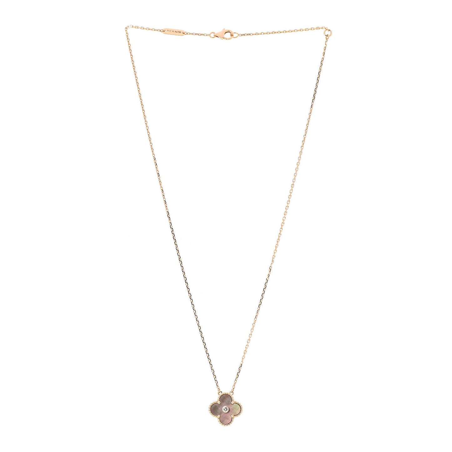 18K Rose Gold Diamond Grey Mother of Pearl Vintage Alhambra Pendant Necklace