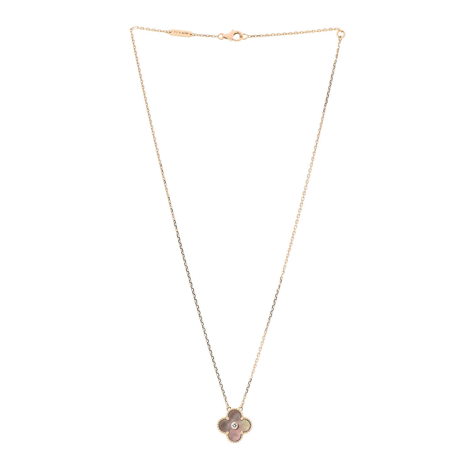 Van Cleef & Arpels 18K Rose Gold Diamond Grey Mother of Pearl Vintage Alhambra Pendant Necklace 3 of 7