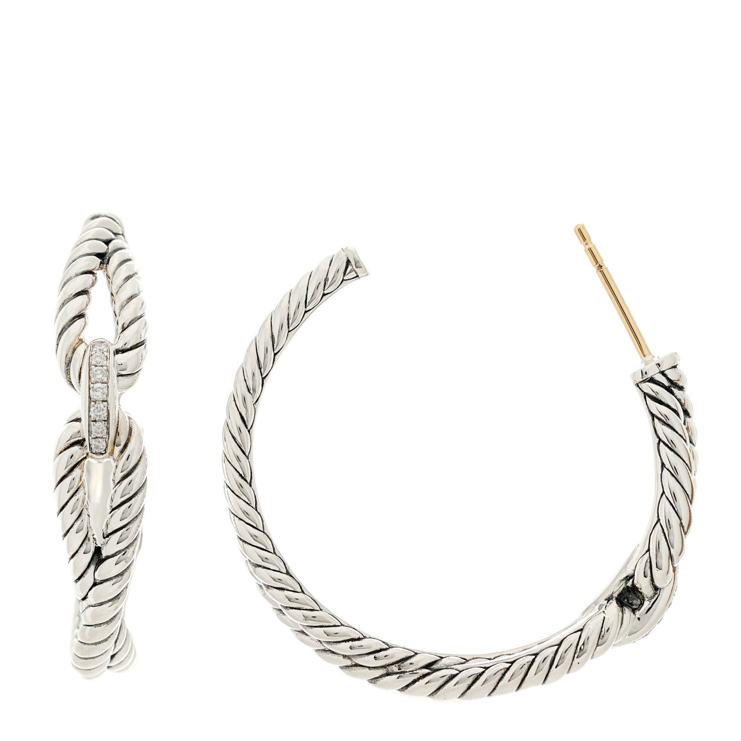 David Yurman Sterling Silver Diamond Cable Loop Hoop Earrings 1 of 4