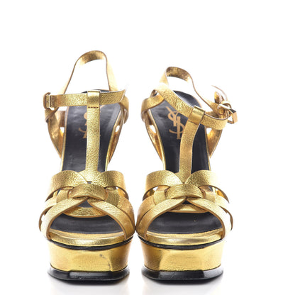 Saint Laurent Metallic Crackled Calfskin Tribute 105 Platform Sandals 37 Black Gold 3 of 18