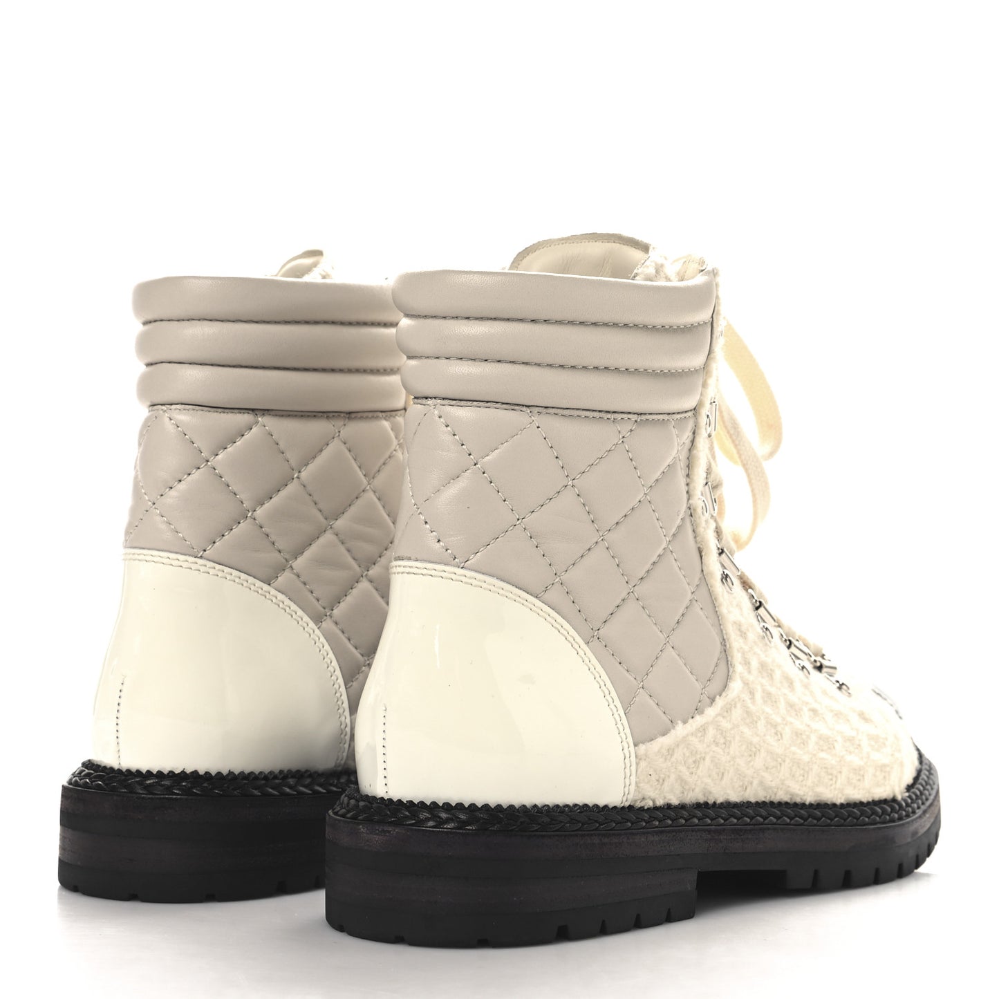 Tweed Patent Cap Toe Lace Up Short Boots 38.5 White