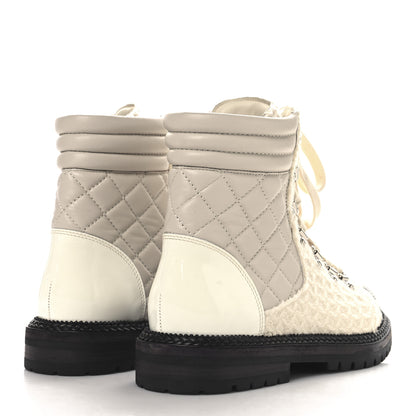 Chanel Tweed Patent Cap Toe Lace Up Short Boots 38.5 White 5 of 9
