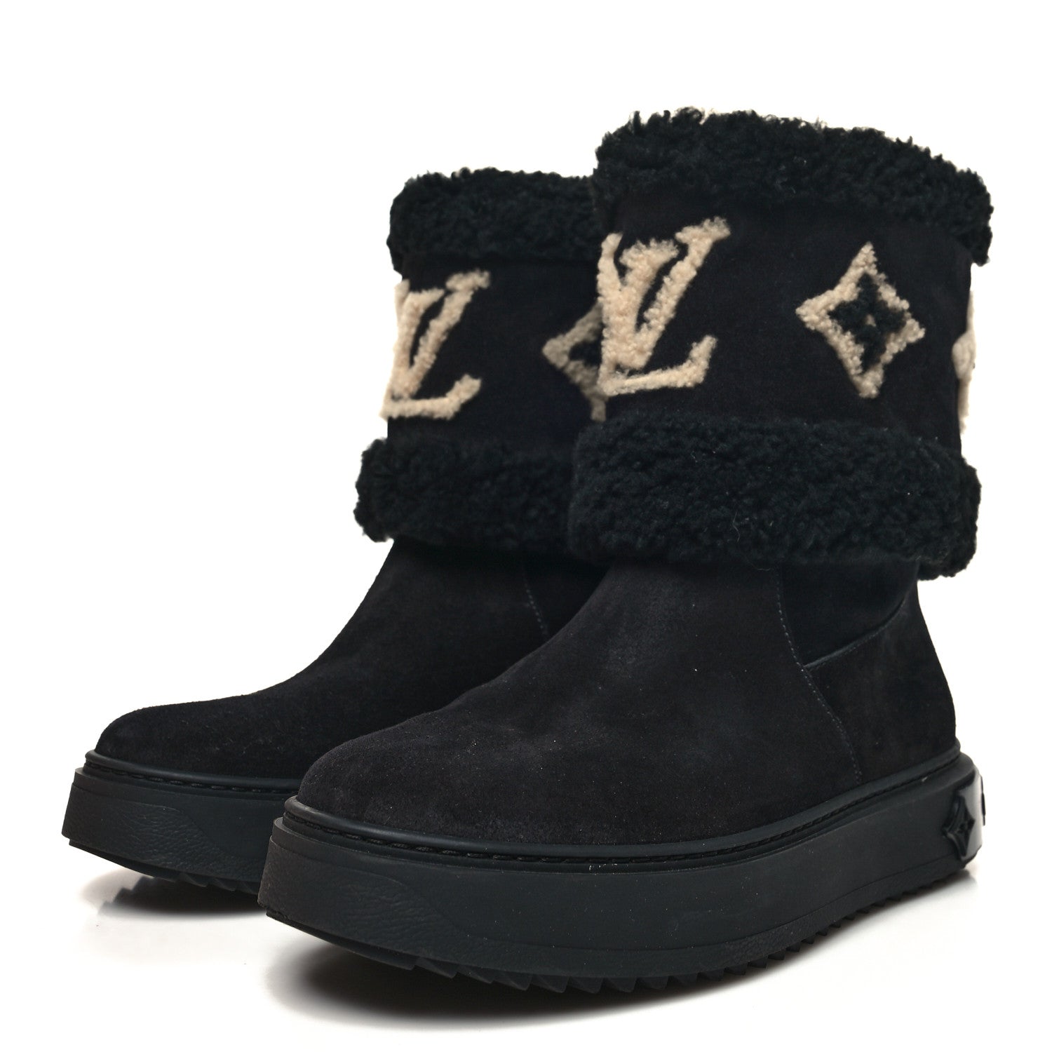 Louis Vuitton Suede Calfskin Shearling Snowdrop Flat Ankle Boot 37.5 Black 3 of 7