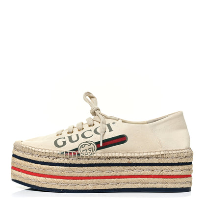 Gucci Canvas Logo Lace-Up Platform Espadrilles 39 Greggio Grege 1 of 8