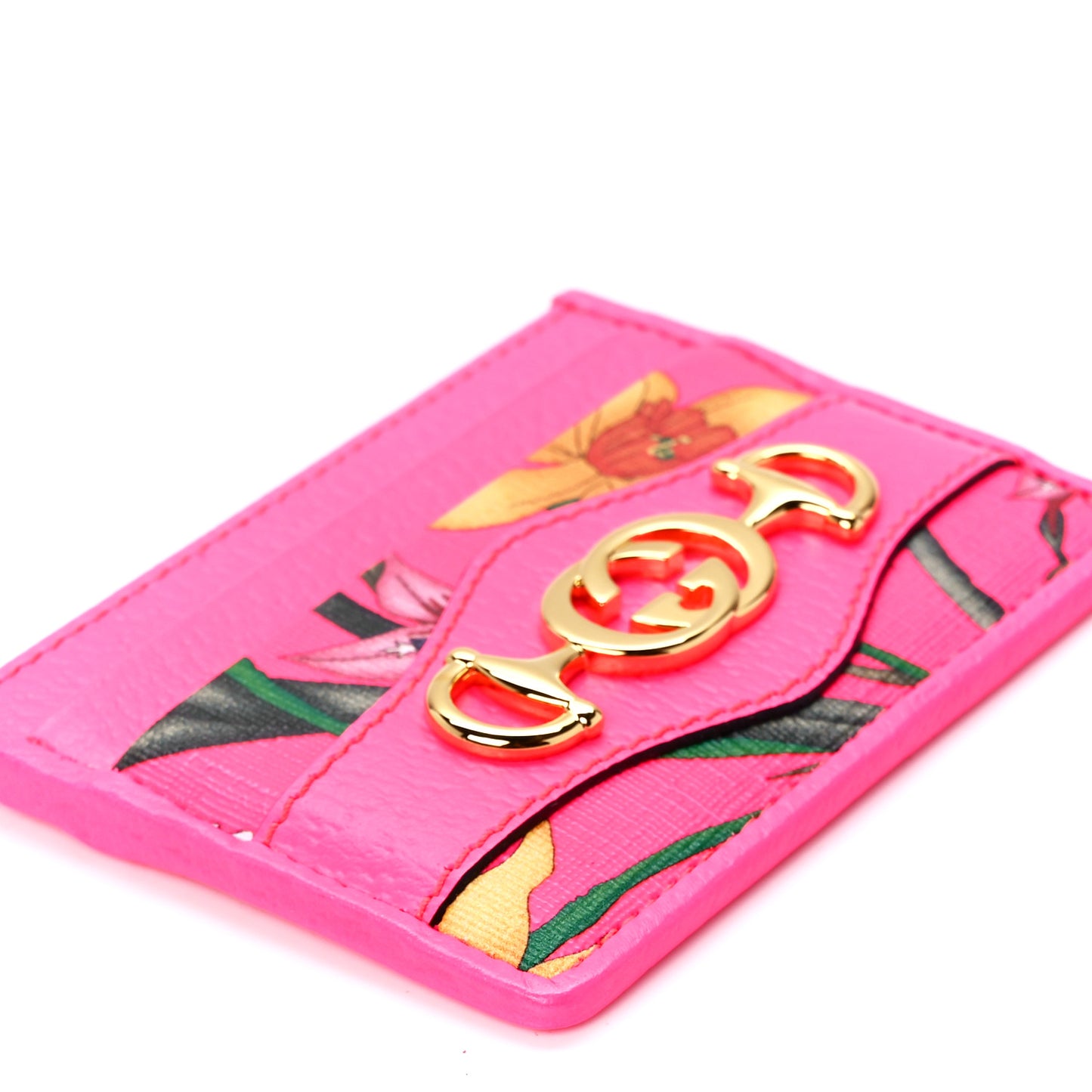 Calfskin Flora Print Zumi Card Holder Fuxia Fluo
