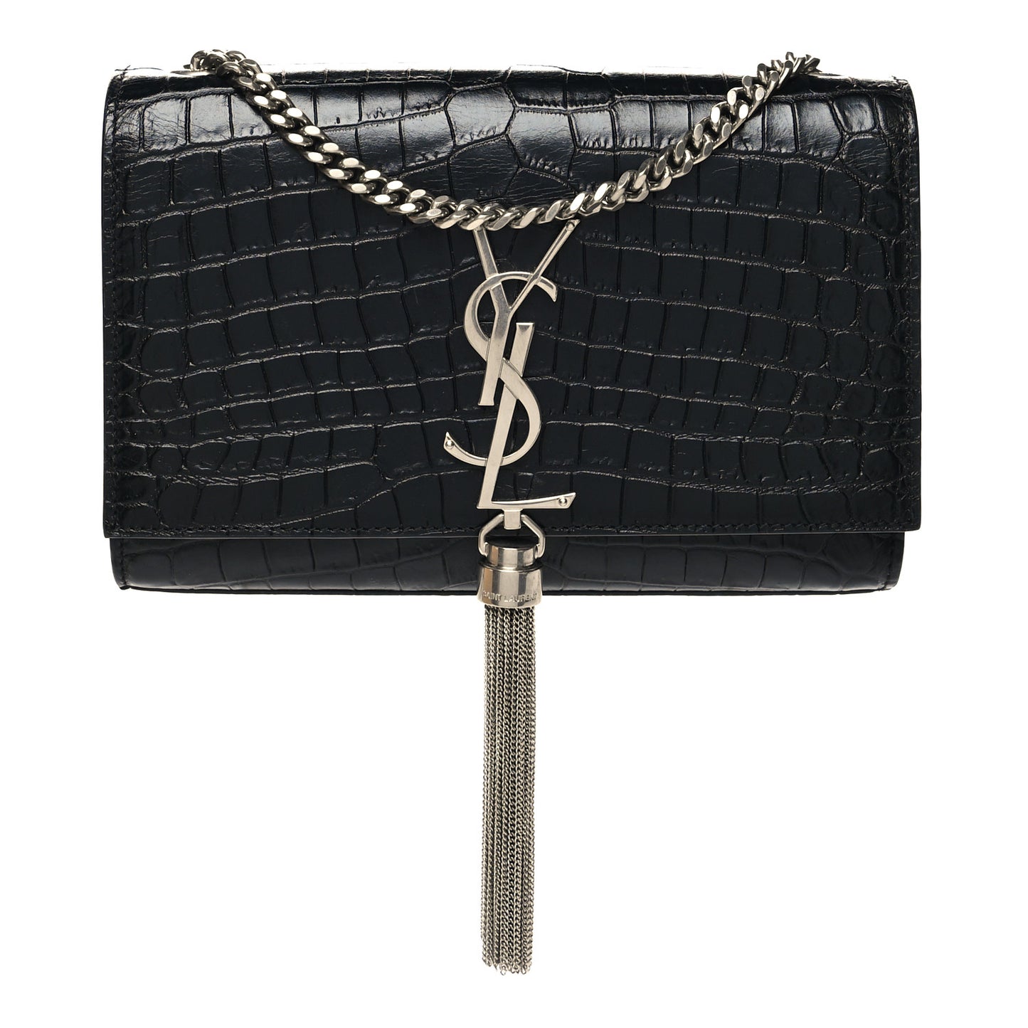 Calfskin Crocodile Embossed Small Classic Monogram Kate Tassel Satchel Black
