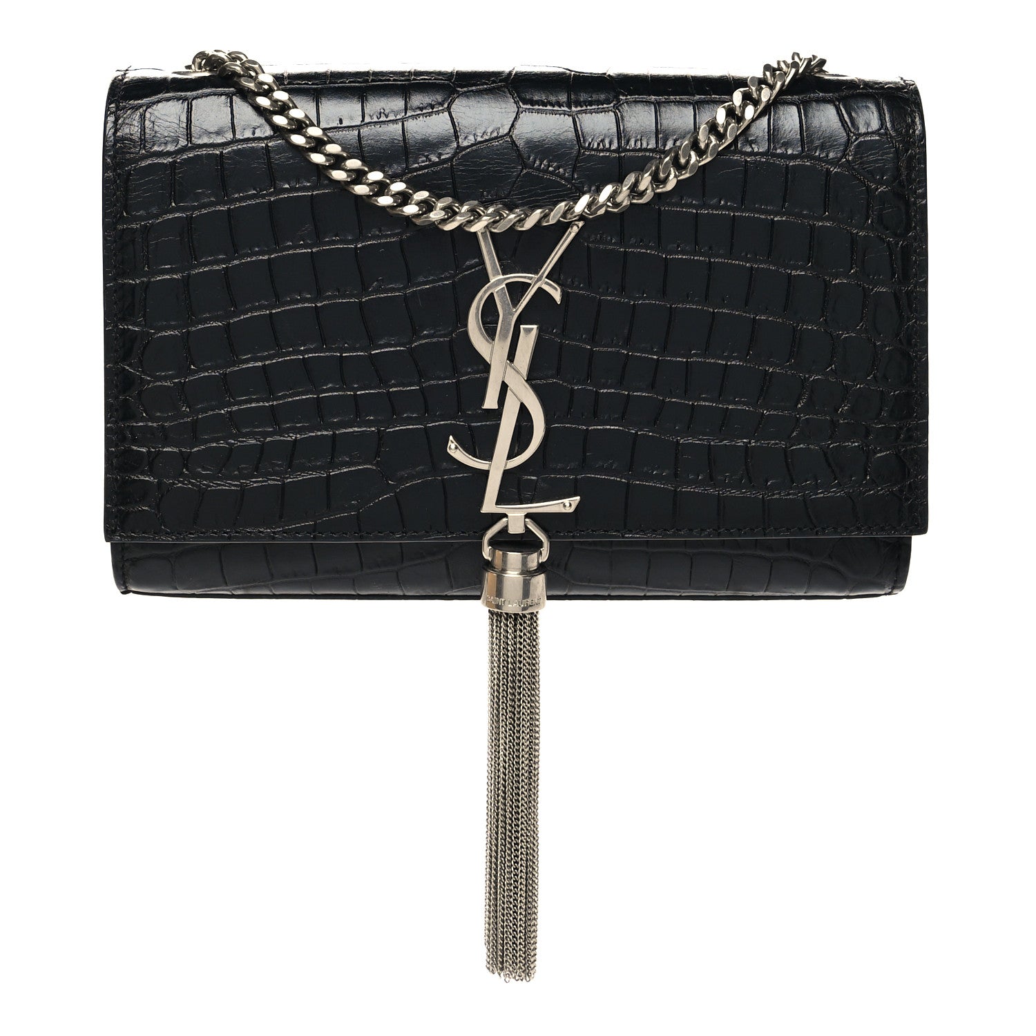 Saint Laurent Calfskin Crocodile Embossed Small Classic Monogram Kate Tassel Satchel Black 1 of 9