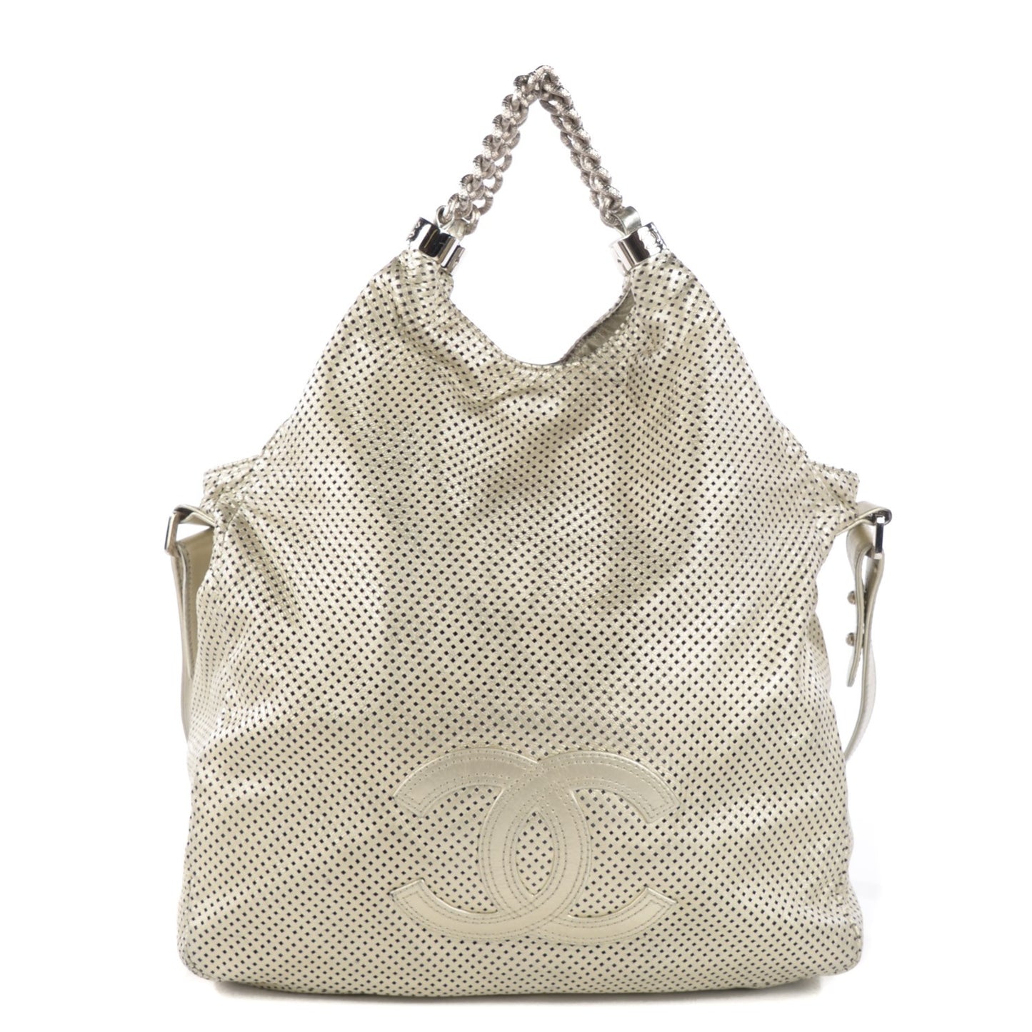 Metallic Glazed Calfskin Perforated Large Rodeo Drive Tote Silver