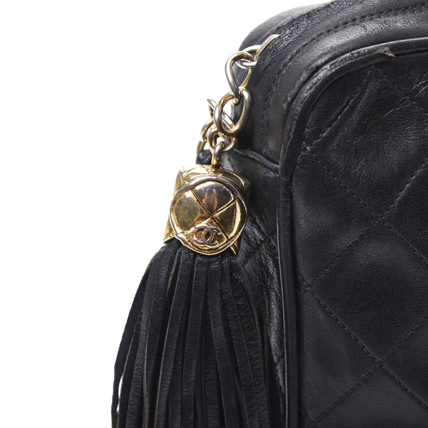 Lambskin Quilted CC Tassel Camera Case Black