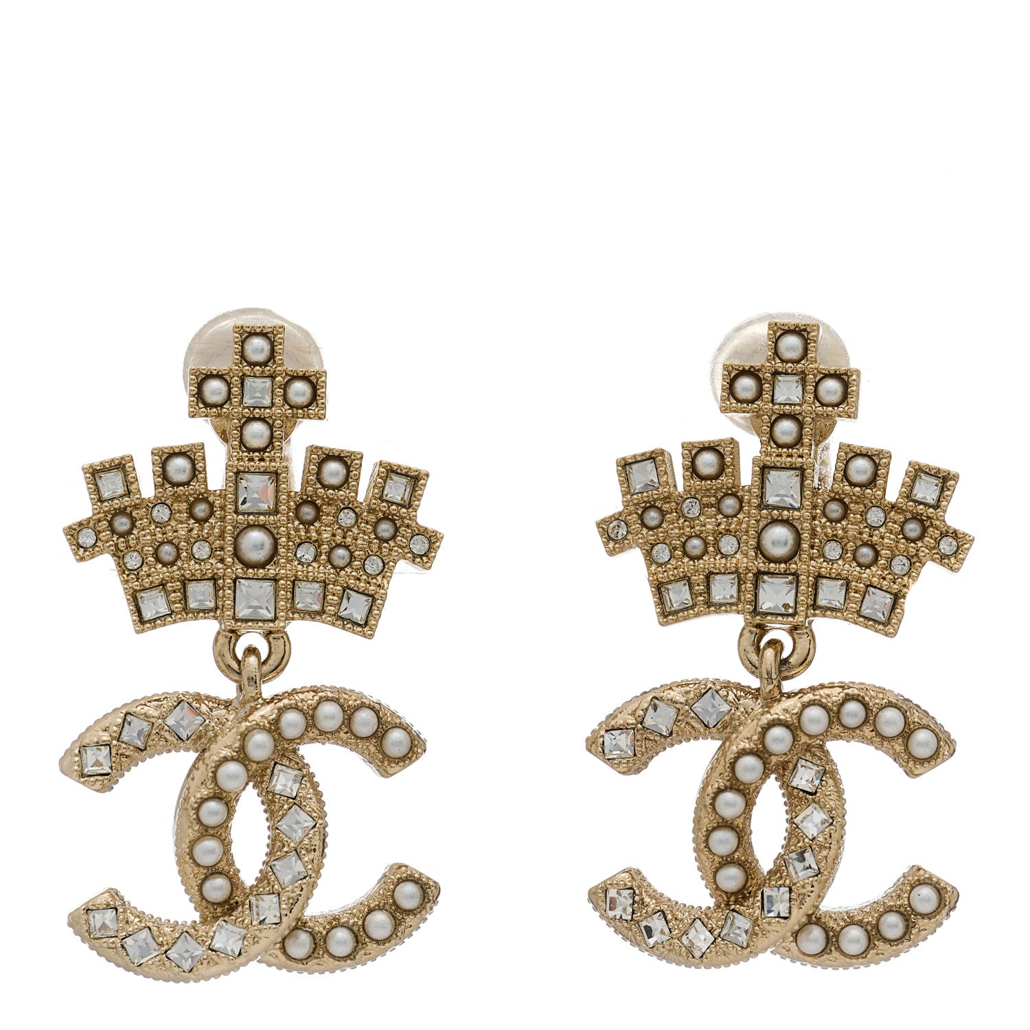 Chanel Crystal CC Crown Drop Clip On Earrings Gold 1 of 5