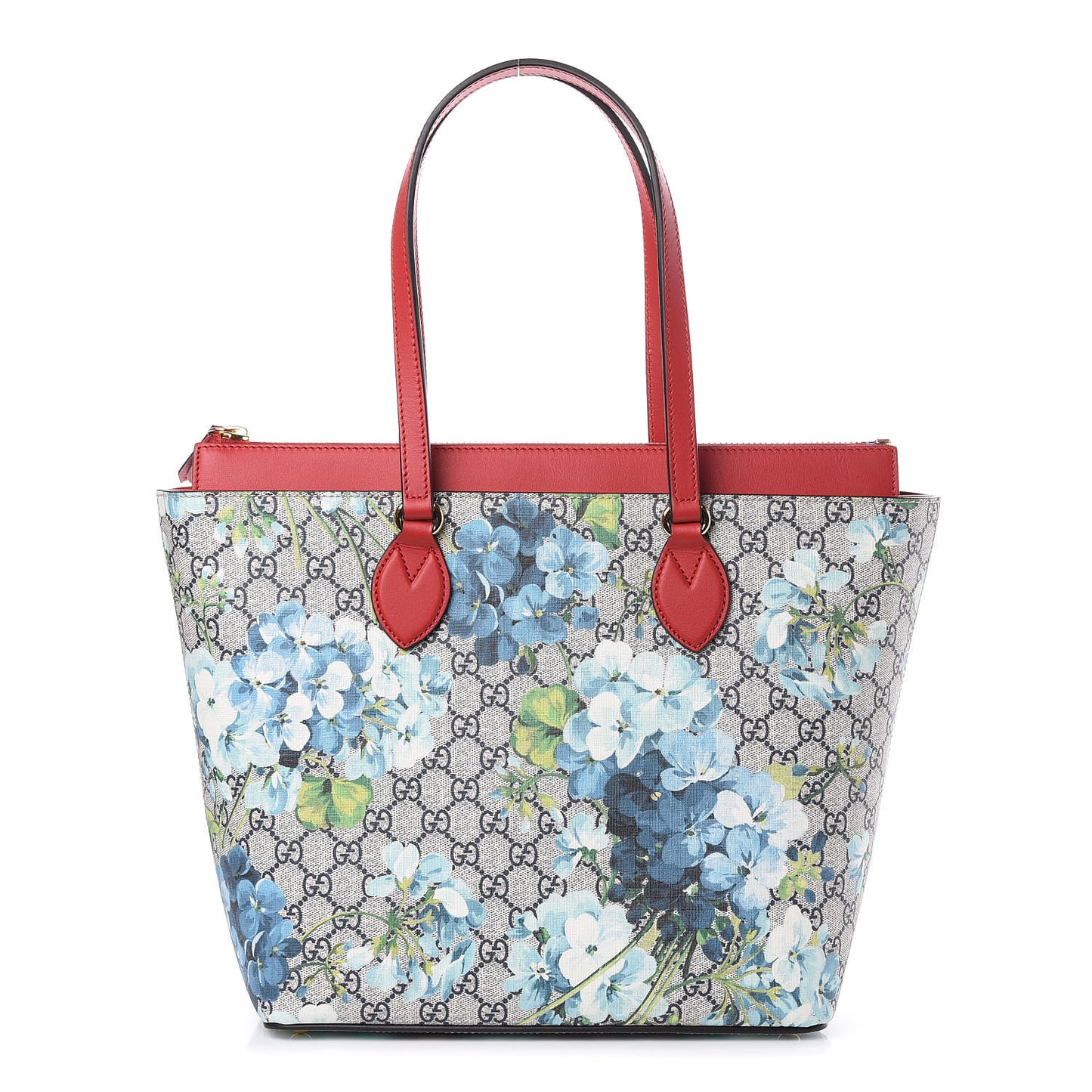 GG Supreme Monogram Blooms Medium Zippered Bucket Tote Beige Blue Navy Hibiscus Red