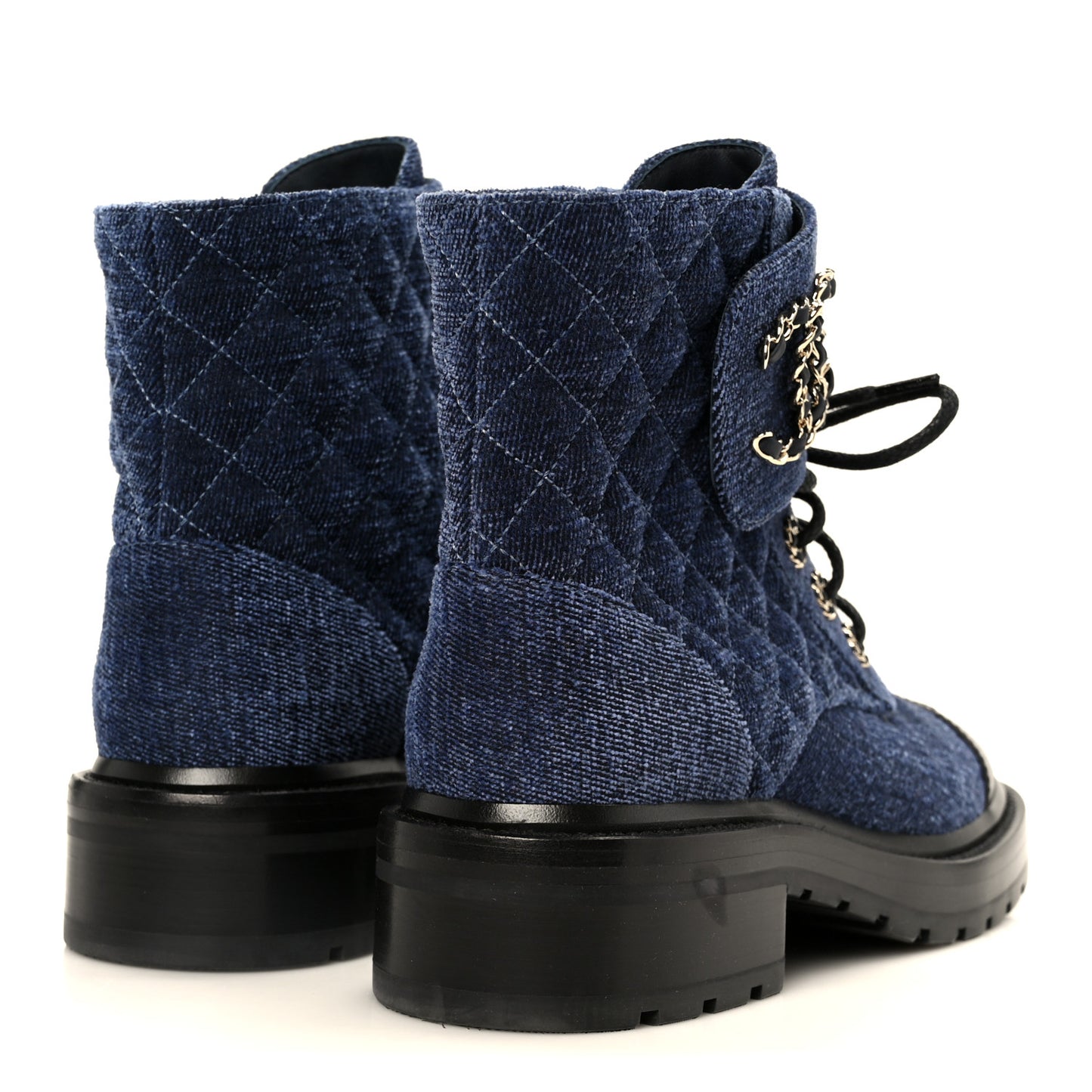 Shiny Calfskin Velvet Quilted Lace Up Combat Boots 37 Blue