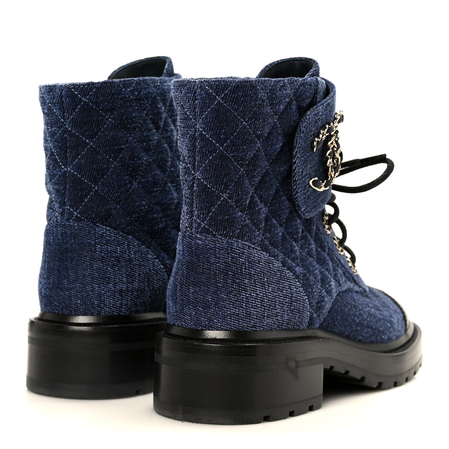 Chanel Shiny Calfskin Velvet Quilted Lace Up Combat Boots 37 Blue 5 of 11