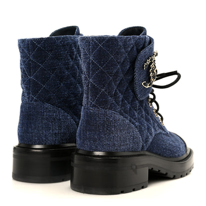 Chanel Shiny Calfskin Velvet Quilted Lace Up Combat Boots 37 Blue 5 of 11