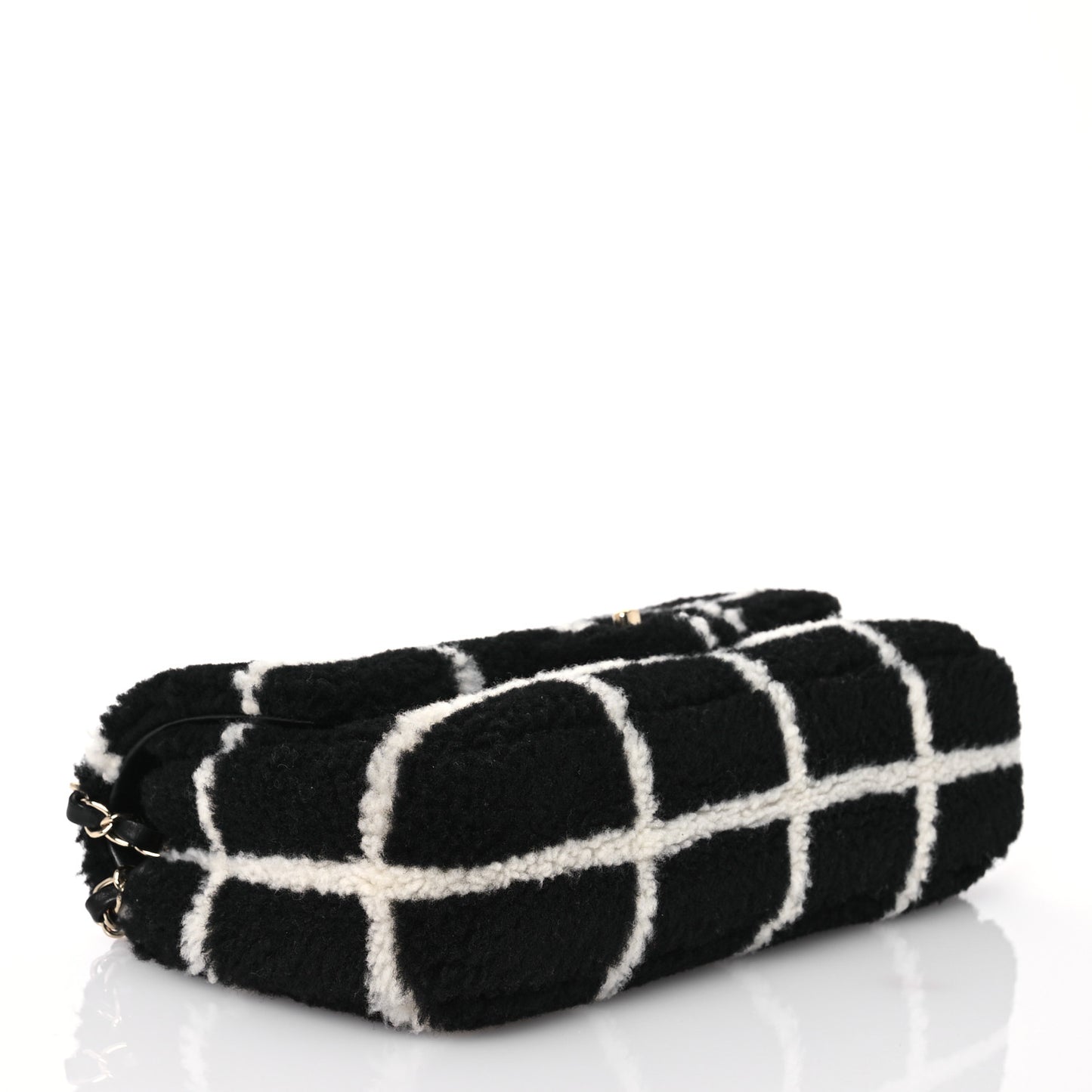 Shearling Lambskin Large Fluffy Tartan Single Flap Black White