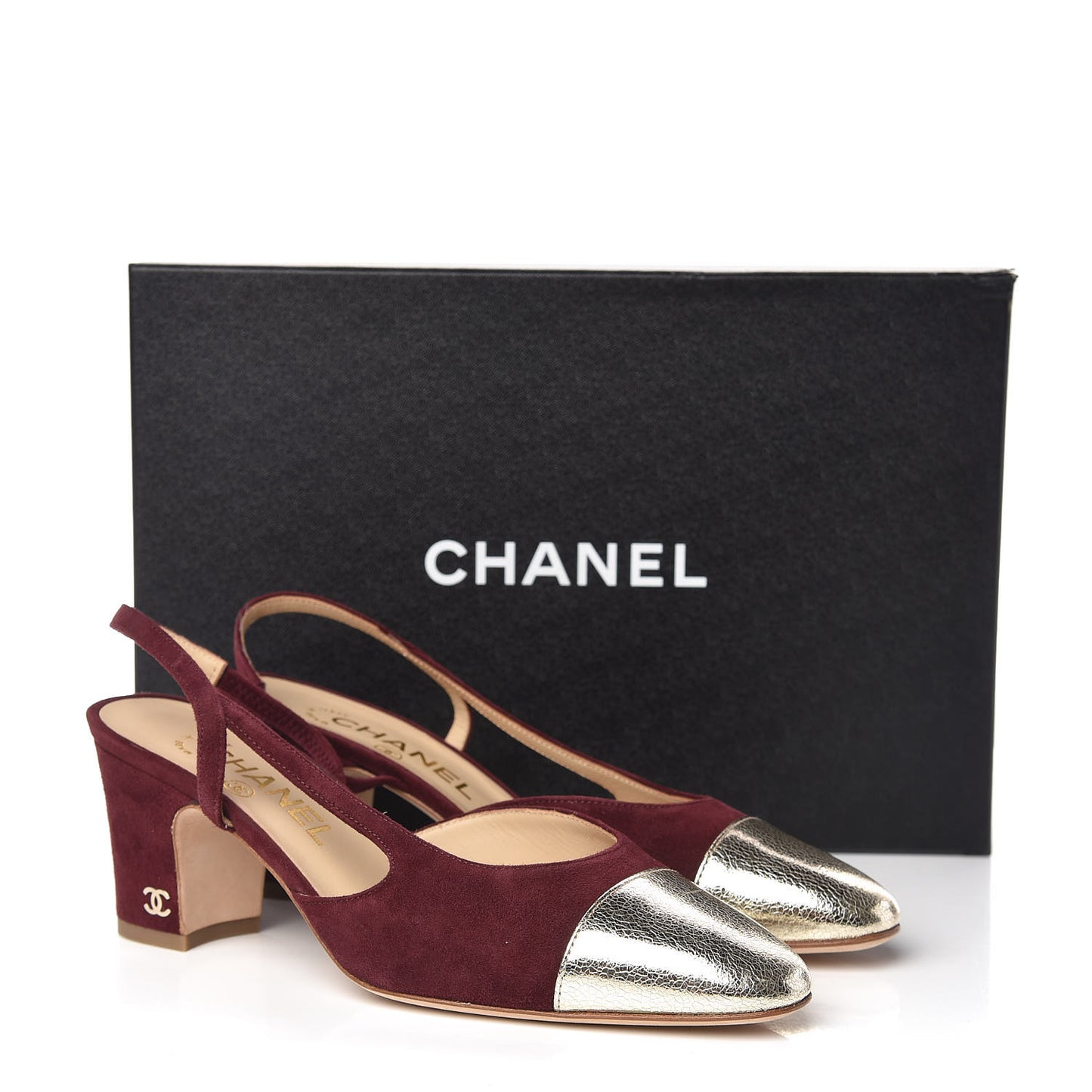 Kid Suede Metallic Lambskin Cap Toe CC Slingback Pumps 36.5 Burgundy Gold