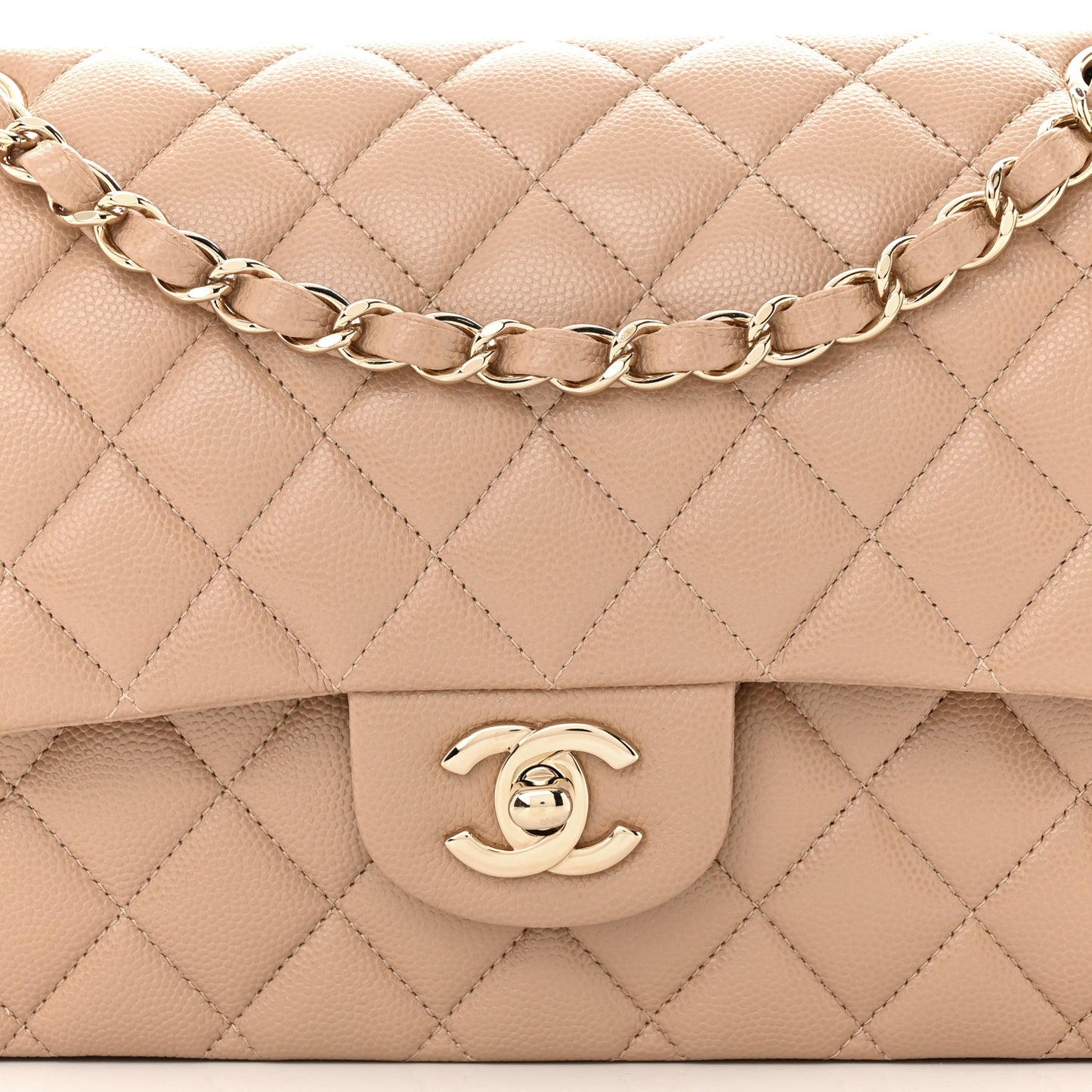 Caviar Quilted Medium Double Flap Beige