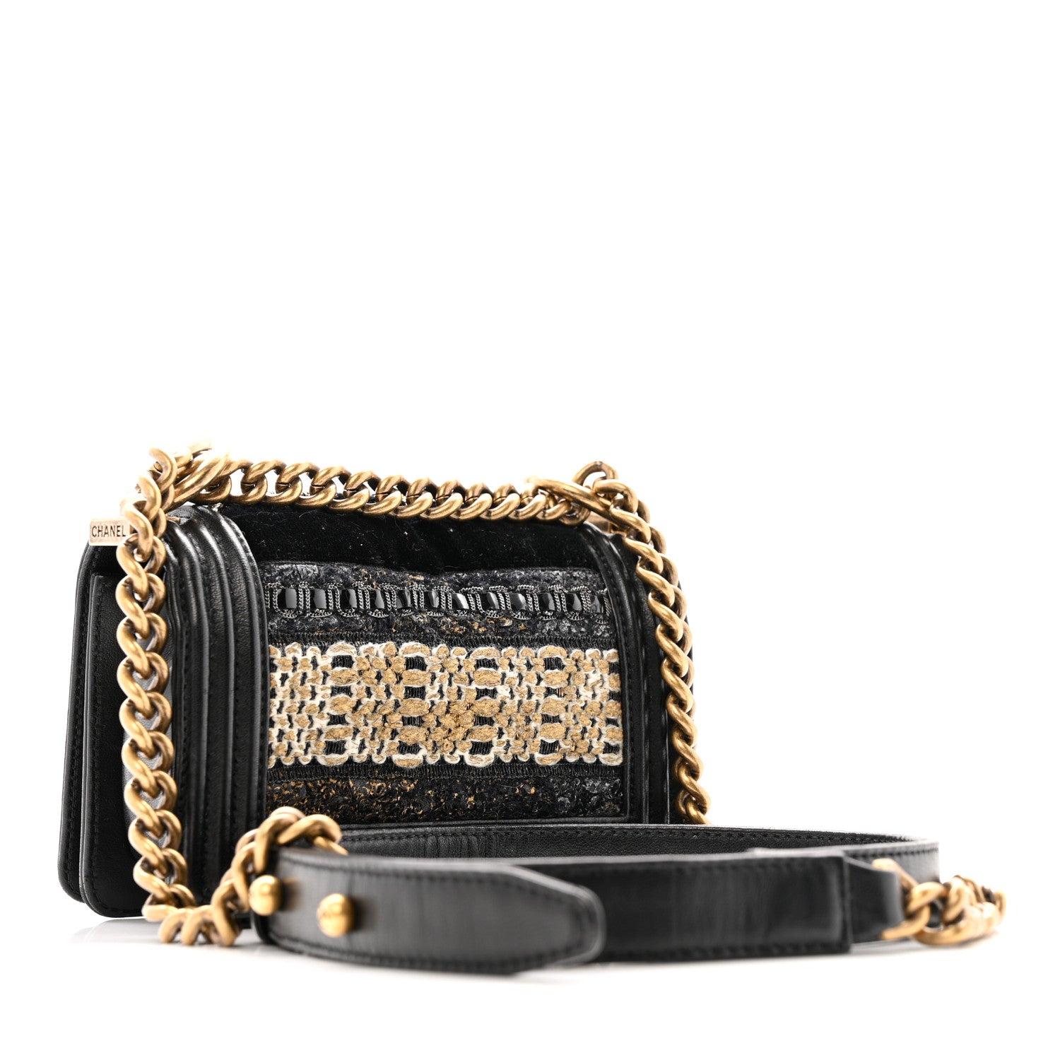 Chanel Lambskin Metallic Tweed Embroidered Mini Boy Flap Black Gold Multicolor 3 of 15