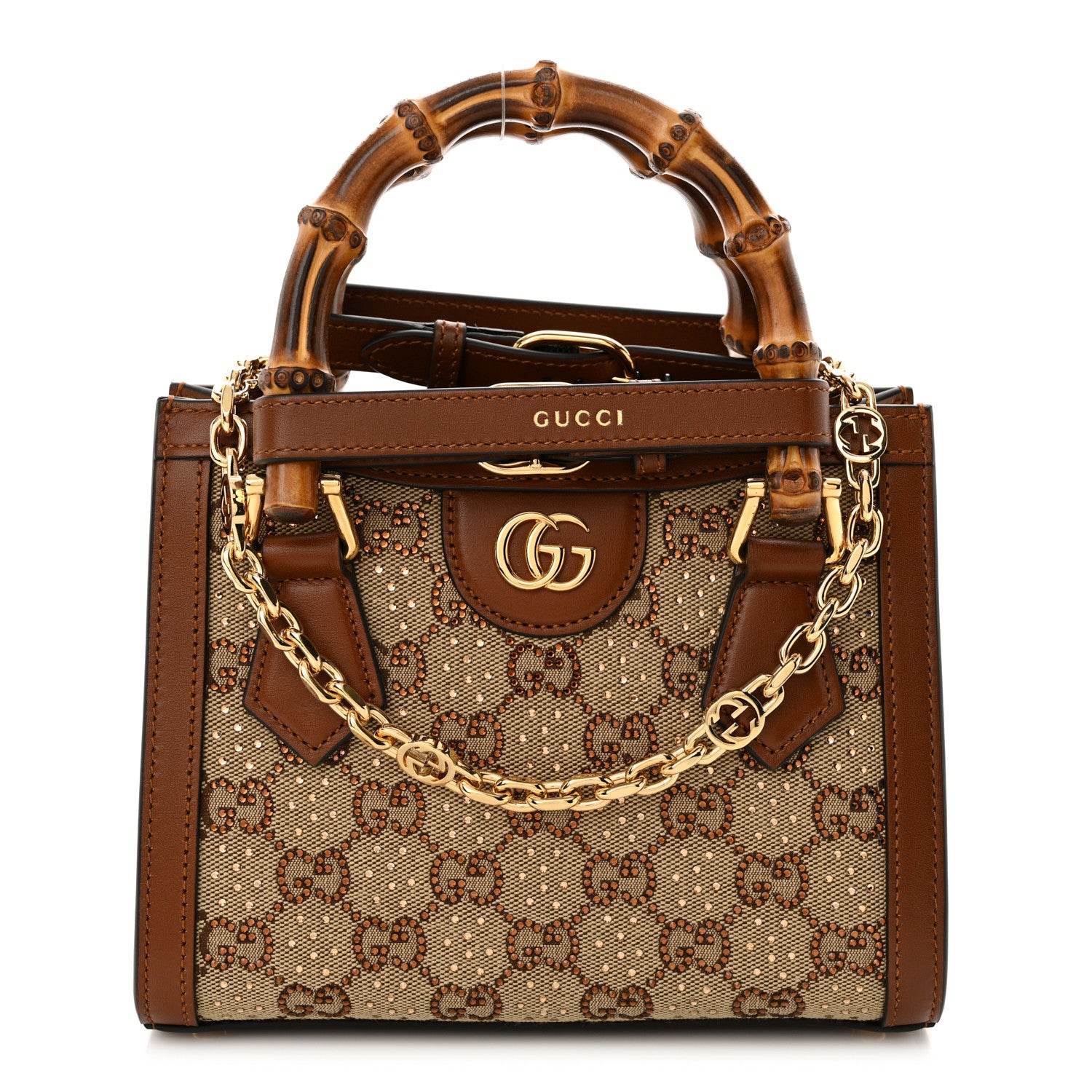 Gucci New Canvas Charisma Calfskin Crystal GG Monogram Mini Diana Tote Bag Camel Ebony 1 of 11