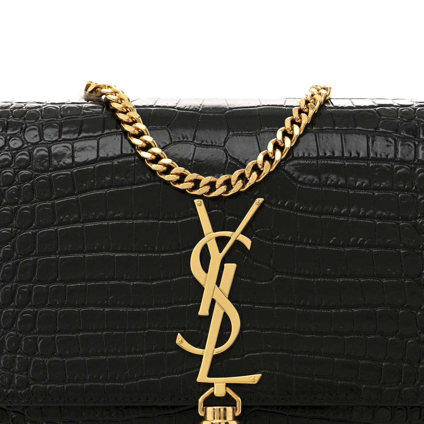 Calfskin Crocodile Embossed Medium Classic Monogram Kate Tassel Satchel Black