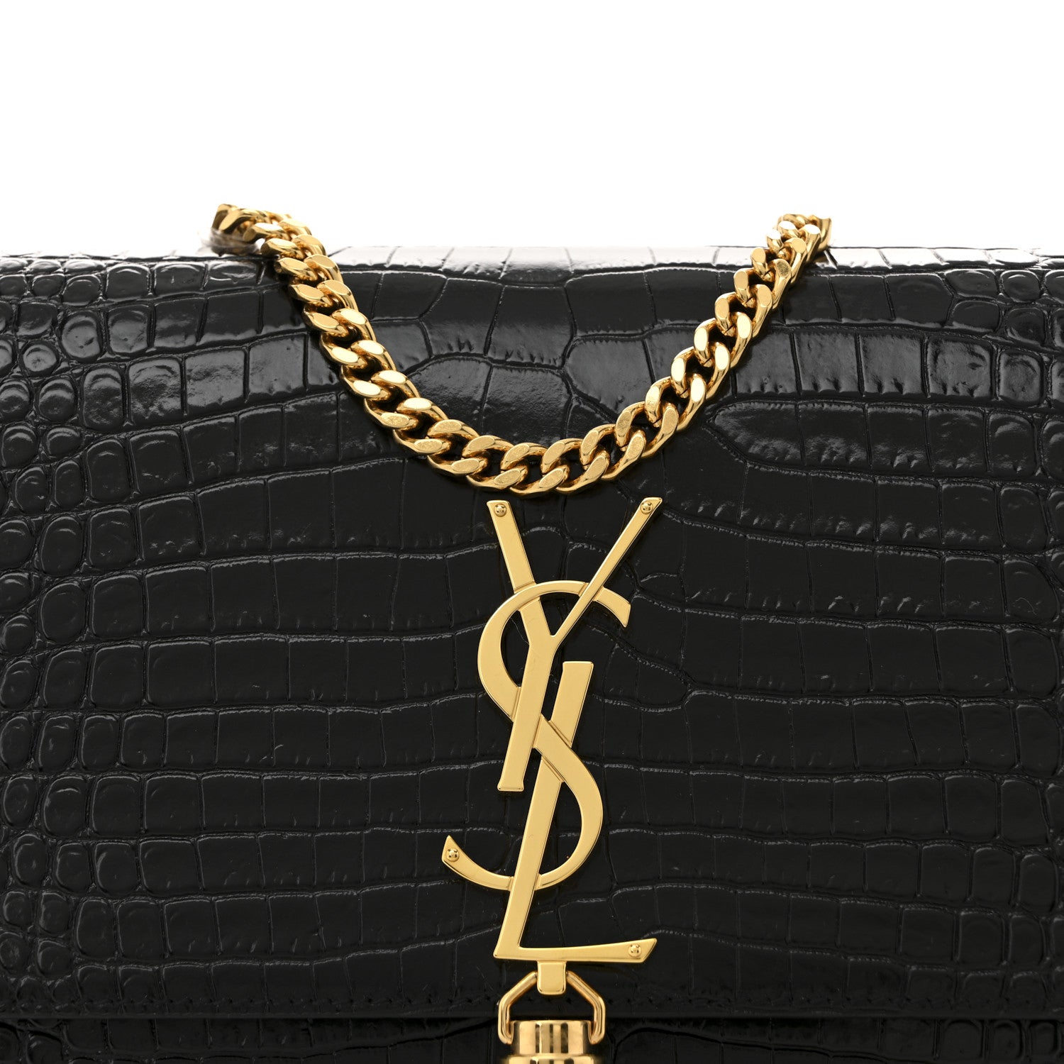 Saint Laurent Calfskin Crocodile Embossed Medium Classic Monogram Kate Tassel Satchel Black 8 of 11