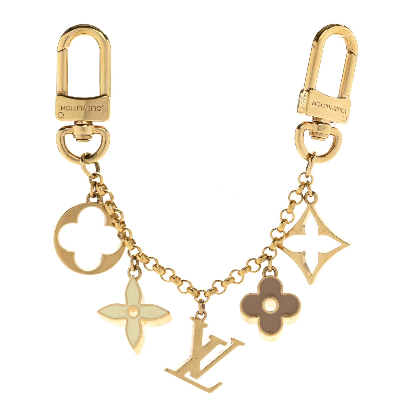 Brass Enamel Fleur De Monogram Bag Charm Chain Gold