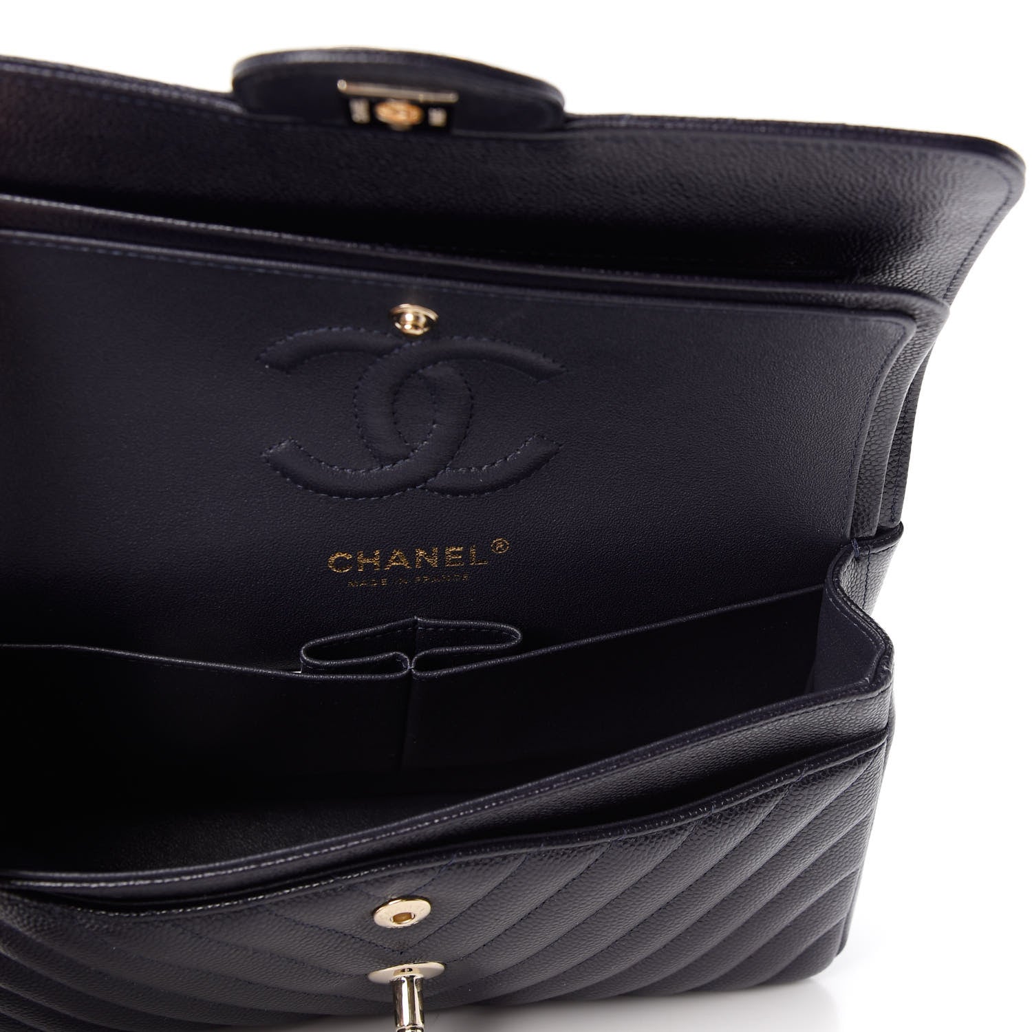 Chanel Caviar Chevron Quilted Small Double Flap Navy Blue 5 of 10