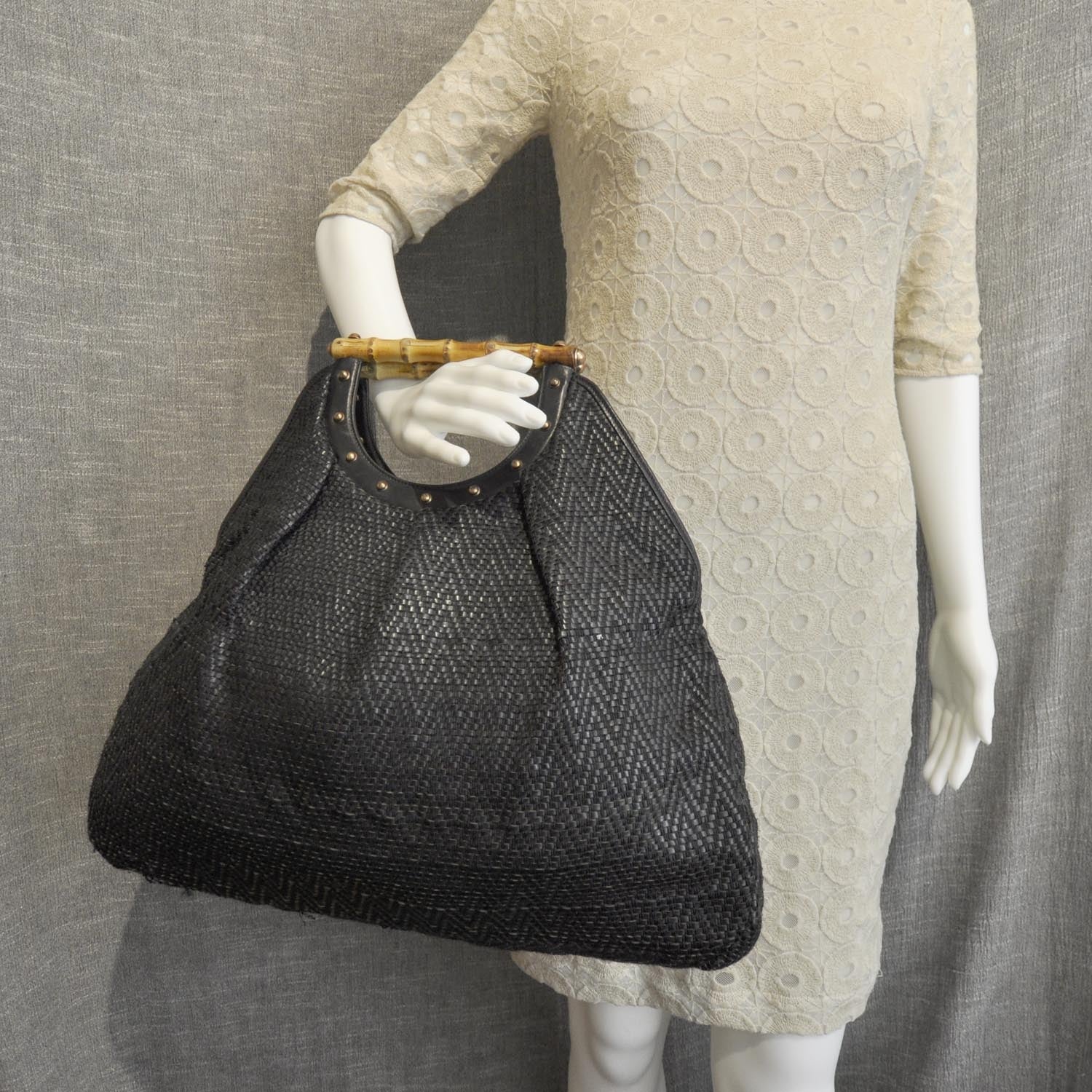 Gucci Woven Bamboo Handle Tote Black 2 of 8