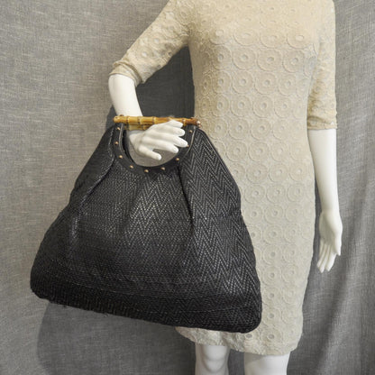 Gucci Woven Bamboo Handle Tote Black 2 of 8